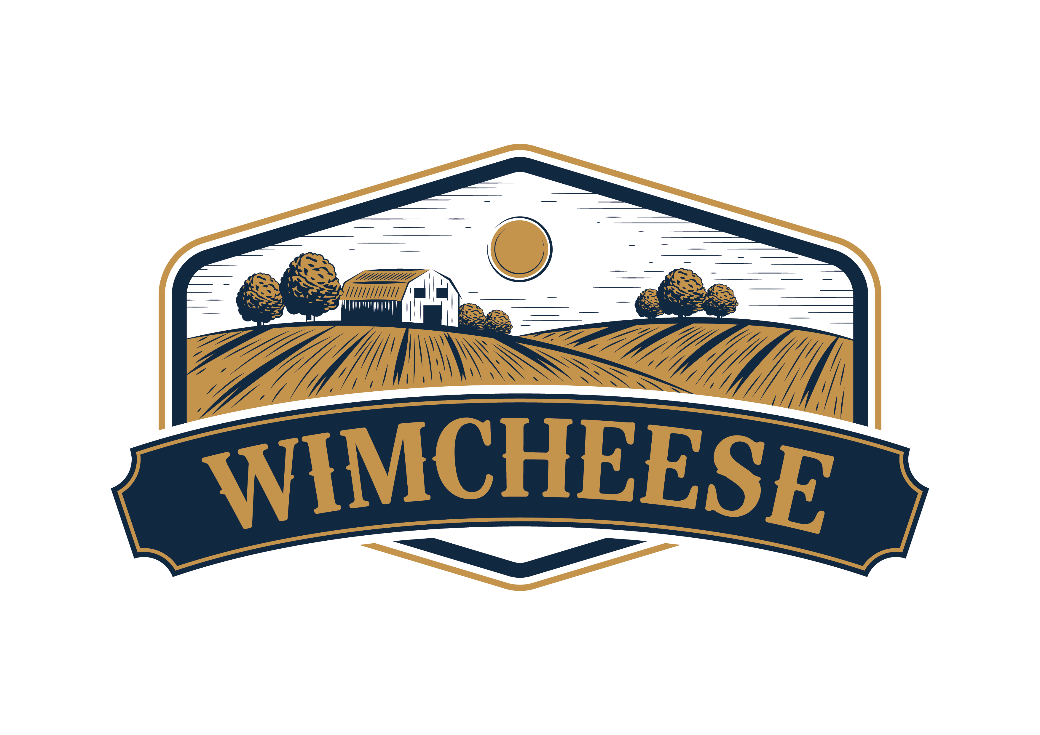 Logo van WimCheese, de webshop voor ambachtelijke kaas, met illustratie van weilanden en een boerderij.