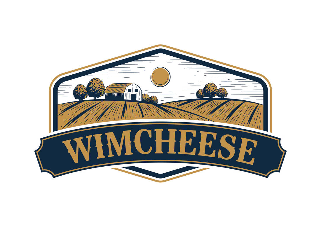 Logo van WimCheese, de webshop voor ambachtelijke kaas, met illustratie van weilanden en een boerderij.
